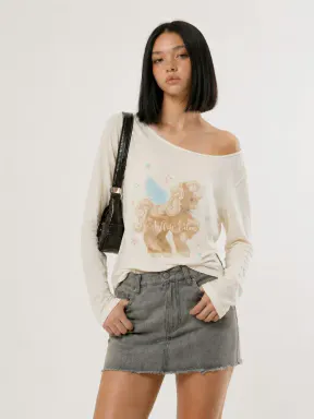 Aelfric Eden Angel Pony Long Sleeve Tee Asymmetrical Neckline Angel Pony Graphic Soft Lightweight Knit Fabric Y2K Cute Casual Streetwear Women Top,clothes for back to school,first day of school outfits