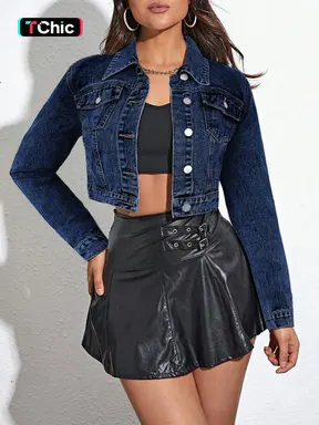 Elegant Women's Cropped Denim Jacket, Long-Sleeve Slimming Lapel Design, Versatile Casual Fit, Youthful Style, Perfect for Everyday Wear