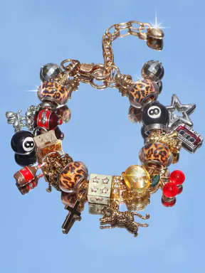 Unique Leopard Print Charm Bracelet, Cherry & Cross & Ball Pendant Bracelet, Music Festival Bracelet, Durable Beaded Bracelet, Creative Eye-Catching Bracelet, Exquisite Trendy Bracelet