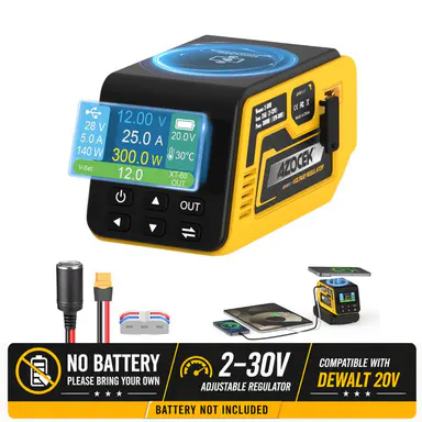 [Battery Not Included]Azocek 300W Adjustable DC Voltage Regulator for DeWalt 20V Battery, 4-in-1 Power Station with 100W USB-C PD, 15W Wireless Charging, XT60 2-30V Output & Smart LCD