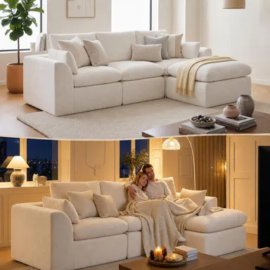 108in L-Shape Boneless Modular Fabric Sectional Sofa with Ottoman, No-Assembly Compressed Cloud Couch, Comfy Multiple-Seat Apartment Furniture for Sofas Living Room,sohochic