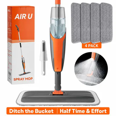 AIR U Multifunction Durable Microfiber Spray Mop with 360° Swivel Head, 420ml Detachable Refillable Water Tank, 4 Washable Cleaning Pads for Hardwood, Tile Floors, Smooth, Handheld