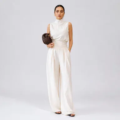 LikeMyChoice 2-Piece Elegant Set Chic Mock Neck Halter Top & High-Waisted Wide-Leg Pants | Trendy Old Money Aesthetic Outfit for Summer Vacation & Office Womenswear Clothes