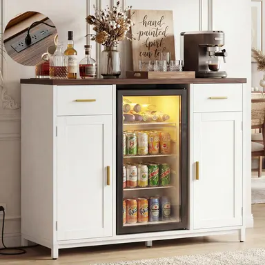 Farmhouse Coffee Bar Cabinet with Power Outlet, Liquor Wine Bar Cabinet with Mini Fridge Space (Fridge Not Included), Mini Fridge Cabinet Stand with Drawer and Door Storage, Buffer Cabinet Sideboard Table for Dining Room Kitchen furniture
