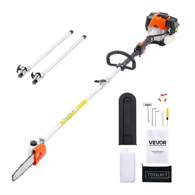 VEVOR Alloy Steel Gasoline Chainsaw Full Kit - 33CC 2-Stroke Engine, 8\" Guide Bar, 30 fl.oz Fuel Tank, 6.7-11.6 ft Detachable Engine Extension Pole, Chain Oil Reservoir, Anti-Slip Grip, for Tree Trimming, Outdoor Users