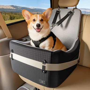 PETSFIT Dog Car Seat for Small/Medium Dogs Up to 35 lbs – Patented Safety System, 5\" Memory Foam Pet Booster Car Seat, Fully Detachable and Washable Dog Carseat with 2 Storage Pockets (Black & Grey),back to school sohochic