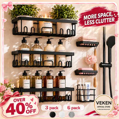 【Veken】 3/6-Pack Life-Changing Rustproof Shower Caddy, Effortless No-Drill Wall Shelves with Soap Holder, End Bathroom Clutter for Good, Multi-use Kitchen & Home Storage