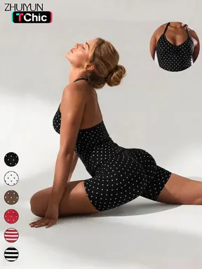 Fashion Sporty Fitness Set, New Polka Dot Striped Halter Tank Top with Shorts, Quick Dry Summer Gym Yoga Running