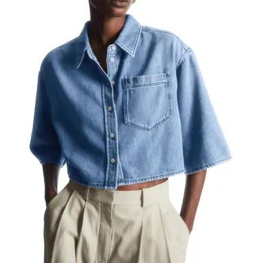 Tankaneo Womens Crop Denim Shirt Half Sleeve Button Down Short Jean Jacket with Pocket