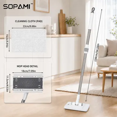 SOPAMI Retractable Disposable Dust Mop - Handheld Mop with Hands-Free Automatic Clamp, Dry-Wet Dual Use, Replaceable Non-Woven Pads, No Hand Wash, Cleaning Supplies for Hardwood Floors, Tile Floors