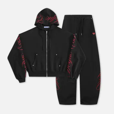 Aelfric Eden Boxy Embroidery 2 Piece Tracksuit Set High Waist Red Gothic Script Embroidery Detail Boxy Cropped Zip Up Hoodie + Baggy Wide Leg Sweatpants Soft Fabric Y2K Streetwear Unisex Two Piece Outfit