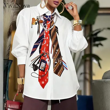 Women's 2026 New Tie Graphic 100% Polyester Contrast-Color Button-Down Blouse - 3/4 Sleeve Loose Light Oversized Lapel Top, Workwear Blazer-Ready Casual Fashion Camisole-Compatible Shirt