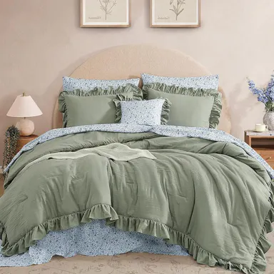 Monbix FallPickDeals 5/7-Pieces Microfiber Comforter Bed Sheet Set - Modern Farmhouse Coastal Floral Bedding, Home Decor, Bedroom Inspo Cute Room Stuff with Double-Sided Storage Pockets, Single-Stitch Comforter, Pillowcases, Shams, Flat & Fitted Sheets