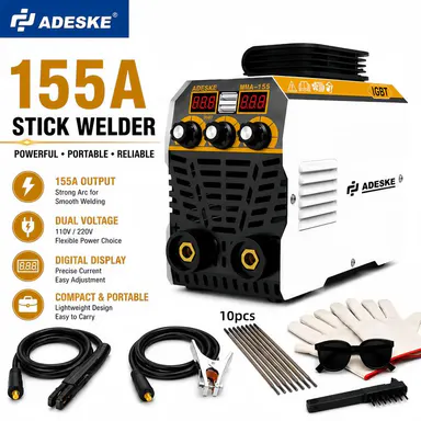 ADESKE MMA-155 Portable Welding Machine – Dual Voltage 110V/220V, 120A Output, Digital Display, Overload Protection, Complete Welding Kit for Home, Auto Repair & Construction
