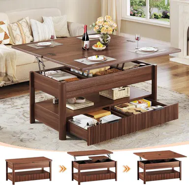 40\" Lift Top Coffee Table, 4 in 1 Square Coffee Table with Storage Shelf & 2 Drawers, Modern Coffee Tables with Lift Tabletop, Converts to Dining Table for Living Room, Home Office, Walnut