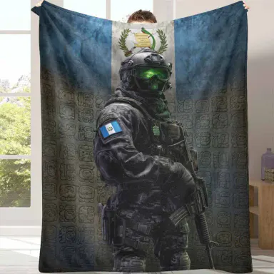 Guatemalan Special Forces Warrior Flannel Throw Blanket - Military Tactical Style, Guatemalan Flag & Ancient Symbol Patterns, Lightweight Warm Blanket, Breathable, Wrinkle-Resistant, Durable for Bedroom, Outdoor Use, Flannel Throw Blankets