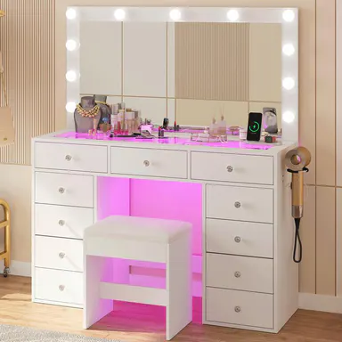 Vanity Desk Makeup Station with Tempered Glass Top Power Outlet 11 Drawers 3 RGB Illuminated Storage 12 LED Lights Dressing Table Bedroom Furniture Vanity Set with Chair Modern Vanity Table for Cosmetics Organization summerwins