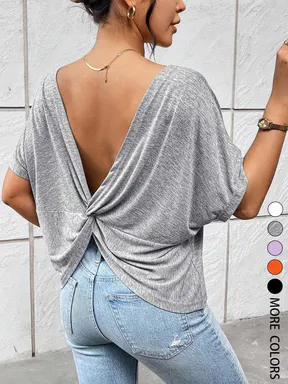 Women's Summer Casual Backless Twisted Knot Loose Fit Baggy T-Shirt, Comfortable Casual Top for Daily Wear, Stylish, Fashion and Trendy Design, Ideal for All Seasons