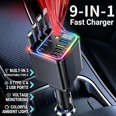 9 in 1 Car Charger: 120W Fast Charging Station with 4 Retractable Cables & 5 Ports&Atmosphere Lamp | LED Voltage Display & RGB Light | Car Accessories for iPhone 17/16 Series, Galaxy S25/S24, MacBook Pro/Air, iPad, and More | Road Trip Essentials