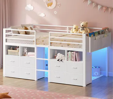 Sikaic Twin Size Secure Metal Low Loft Storage Bed Frame with 8 Drawers, Bookcase, LED Lights, Bed with Storage Underneath, Apartment & Bedroom Furniture Design, Apartment Furniture,dorm essentials,home decor