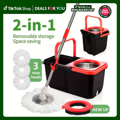 360° Spin Mop and Bucket Set for Floor Cleaning, 61in Adjustable Handle, 3 Microfiber Replacement Heads, Bucket & Brush, Shop Floors Spin Mopping Supplies