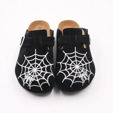 Gothic Men's Boston-Style Clogs with Spider & Web Embroidery, Comfort Cork Footbed, Adjustable Buckle Casual Slip-On Shoes