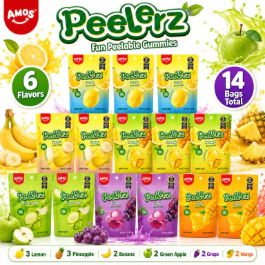 AMOS Peelerz Gummy Candy Variety Pack, 7 Fruity Flavors, Peelable Gummies, Banana Mango Lychee Apple Lemon Pineapple Grape, 14 Bags
