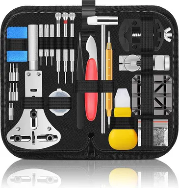 Watch Link Removal Kit, Watch Repair Tool Kit, Battery Replacement Tool Kit, Strap Adjustment, Case Opener, Spring Bar Tools, Pin Remover, Screwdriver, Watch Back Remover Holder, Tweezers, Suitable for Battery Replacement and Strap disassemble Leather