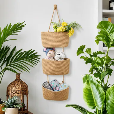 Woven Cotton 3-Tier Over-The-Door Hangable Storage Basket with Handles - 11in Multifunctional Organizing Solution for Daily Necessities, French Country Home Organizer