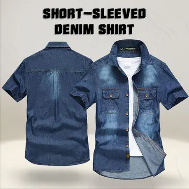 Men’s Short-Sleeve Washed Distressed Denim Mid-Length Shirt - Vintage Workwear Tops with Double Chest Pockets, Breathable Fabric, Slim Fit, Suitable for Everyday Wear & Outdoor Casual Activities