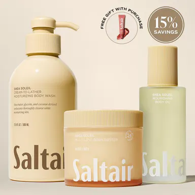 Saltair Shea Soleil Body Rituals Set - Cream-to-Lather Body Wash (17 fl oz), Nourishing Body Oil (4 fl oz) & Multi-Lipid Body Butter (10 oz) Bundle for Soft, Glowing Skin - Creamy Shea, Almond Milk, Smooth Vanilla.