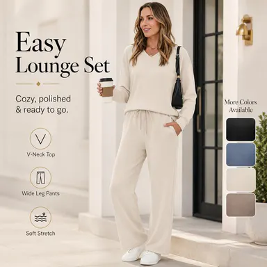 WIHOLL Lounge Sets for Women 2026 V Neck 2 Piece Outfits Airport Wide Leg Pants Matching Set Sweatsuits, Lady, Casual, Pajama Set, Comfy Sets