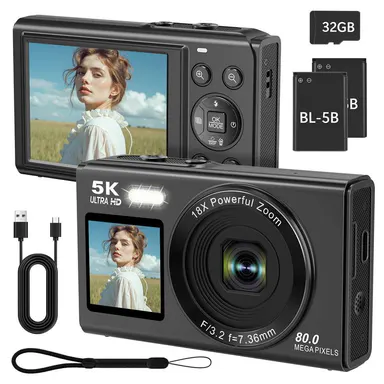 WIKICO 5K Digital Camera, Dual Screens Camera with 18X Digital Zoom, Compact Vlogging Camera for Teens, Beginner-Friendly Gift Pack, 32GB Card & 2 Batteries