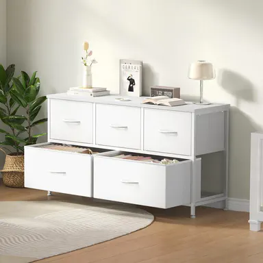 5-Drawer Fabric Storage Tower Dresser, Solid, Stable, Multifunctional Cupboard Cabinet with Fabric Bins, Apartment Furniture for Bedroom Closet Organization, Entryway Use, Room Accessories, Aesthetic Decor, Living Room Decorations