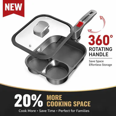 FOGDREAM 3-in-1 Ultra Non-Stick Hybrid Pan with 360° Twist Handle, Thermal Glass & Micro-Pressure Lids, Divided Deep Oblong Steak Skillet, Titanium Base, PFOA-Free, Oven/Dishwasher-Safe, Space-Saving Family Meal Prep Cookware, Household Items