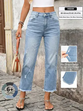 Women's Loose-Fit Light Wash Cropped Jeans, Casual Denim Capri Pants, Elastic Fabric, All-Season Wear, Perfect for Outing and Dates, Bottom