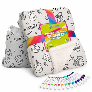 Craftikit Adult Coloring Blanket - Coffee Design, Sherpa-Lined, 40x60 in, All-Seasons Cozy Home Decor Items, Unique Decor, Adulting Gifts, Cool Gifts for Adults, Travel-Ready Tote & Fabric Markers Included
