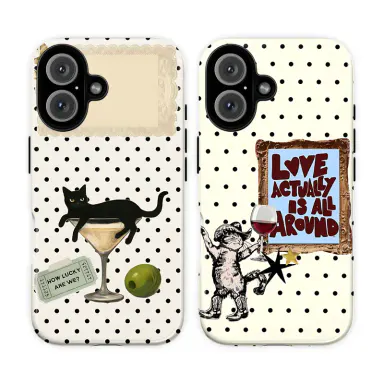 Vintage Black Cat Martini Phone Case – Quirky Indie Aesthetic Polka Dot, Retro Art Collage with Wine Glass, Olive & Gallery Frame, Coquette Y2K Soft Girl Indie Kid Style Cover for iPhone 17 16 15 14 13 Pro Max, Trendy Aesthetic Gift for Girl, Women & Her