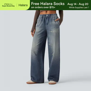 Halara Mid Rise Denim Print French Terry Casual Sweatpants Jeans with Pockets