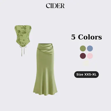 Cider 2-Piece Set Lace Sculptural Embroidery Floral Corset Top & High Rise Mermaid Maxi Skirt Set