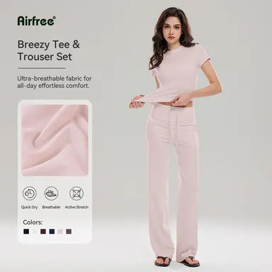 Women's Airfree 2-Piece Active Wear Set - Shaping Support, Breathable Quick-Dry, Crew Neck T-Shirt & Straight-Leg Pants (30in, 32.5in Inseam) for Regular/Tall Girls, Sporty Chic Casual Sports Set, Two Piece Sets