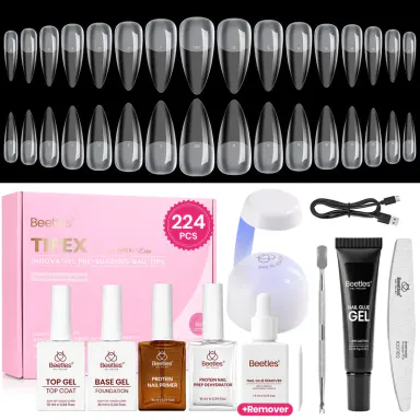 Beetles Tipex Lite Extension Nail Tips Kit with Prepare Kit and Remover , 224 Pcs Pre-Building Pre-Etched False Nail Tips with Tipex Nail Glue, Mini Nail Lamp-Thick Acrylic Nail Tips Set Spring Nail Summer Nail Vacation Nail #SummerVibes