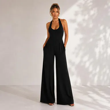 Women's Elengatine Sexy Black Halter Polyester Overalls - Deep V-Neck Backless Wide Leg Romper, Sleeveless Slim Fit 1-Piece, Chic Baddie Style Elegance, Party & Club Wear Backless Design Jumpsuits & Rompers