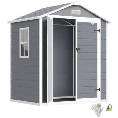 #tiktokshopbacktoschool Outsunny Resin Plastic Outdoor Storage Shed (5x3 ft & 6x4.5 ft) - Waterproof Roof, All-Weather, with Floor, Window, Lockable Doors, Top Vent Airflow, Gray Garden Tool Shed for Backyard Patio