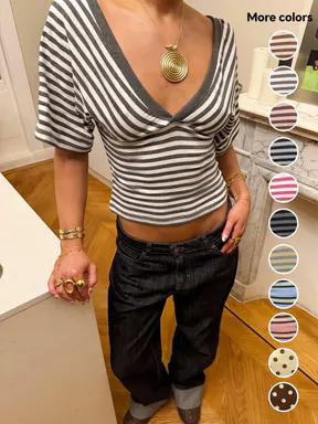 Striped V-Neck Wrap Top, Form-Fitting Puff Sleeve Y2K Crop Blouse, Stylish and Comfortable Fashion Piece for Everyday Wear, Casual Daily Tops