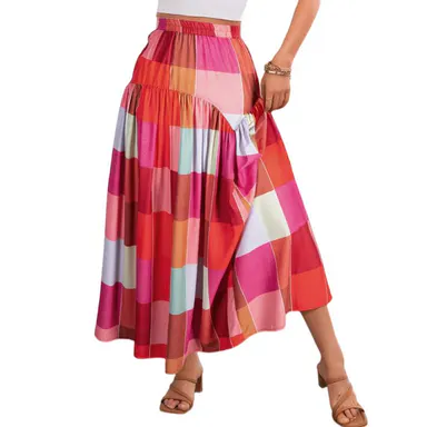 Asvivid Women Plaid Maxi Skirt Ruched Casual Long Skirt Chic Colorful Print Flattering Silhouette Vacation Womenswear Bottom sohochic