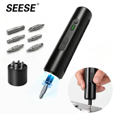 SEESE 6-in-1 Electric Screwdriver with 250 RPM Motor, 3 Torque Settings, 1.2 to 5 N·m, 6-Piece Set Bits , LED Light , 1500 mAh Rechargeable Cordless Screwdriver Set for Furniture, Household Multipurpose Tool Repair backtoschool