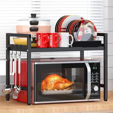 Adjustable Extendable Double-Layer Carbon Steel Microwave Rack, Home Storage Solutions, College Dorm Organization Shelf for Kitchen Countertop Utensils, Dishes & Small Appliances