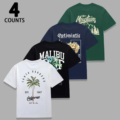 Men's 4-Piece Casual Tshirt Set, Male Clothing Short-Sleeve Round Neck Streetwear Tops with Tropical & Floral Graphic Prints, Wrinkle-Resistant Relaxed Fit for Warm Weather, Good Graphic Tees Ideal Gifts for Him,back to school,back to school shopping, Sho