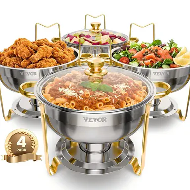 【Backtoschool】VEVOR 5 Qt 4 Pack Round Chafing Dish Buffet Set Full-Size Pan Stainless Steel Gold